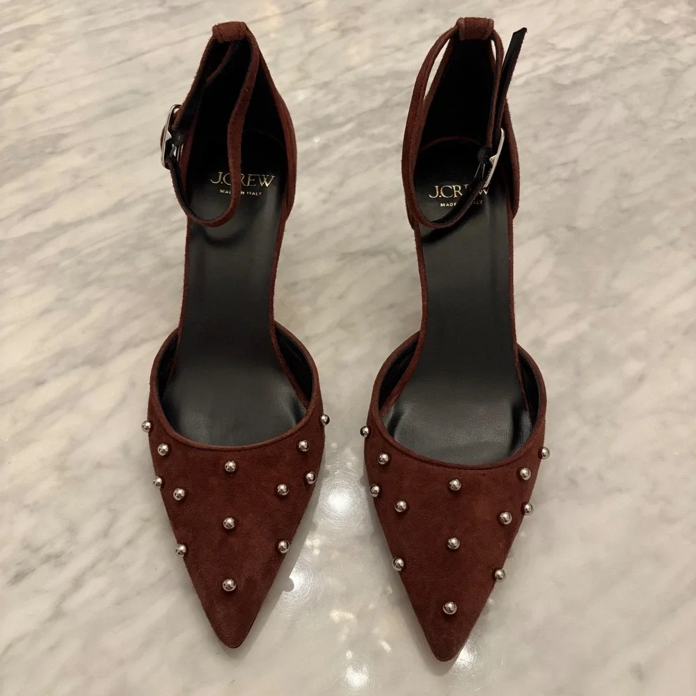 J. Crew Colette Burgundy‎ Italian Suede Studded Slingback Heels Size 10M NWT